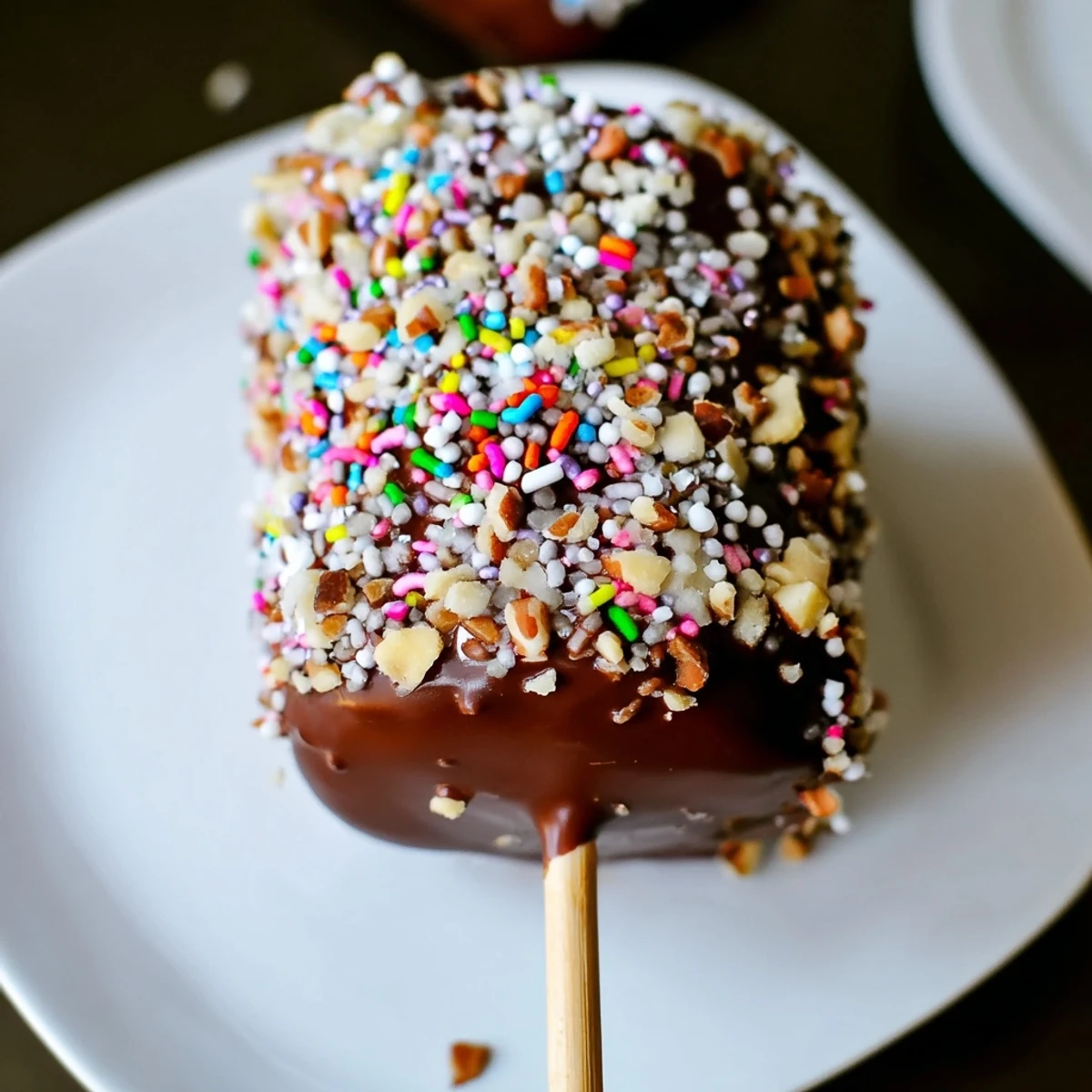 Individually served Chocolate Marshmallows on Stick featuring shredded coconut topping, displayed on a wooden board and perfect for easy snacking.