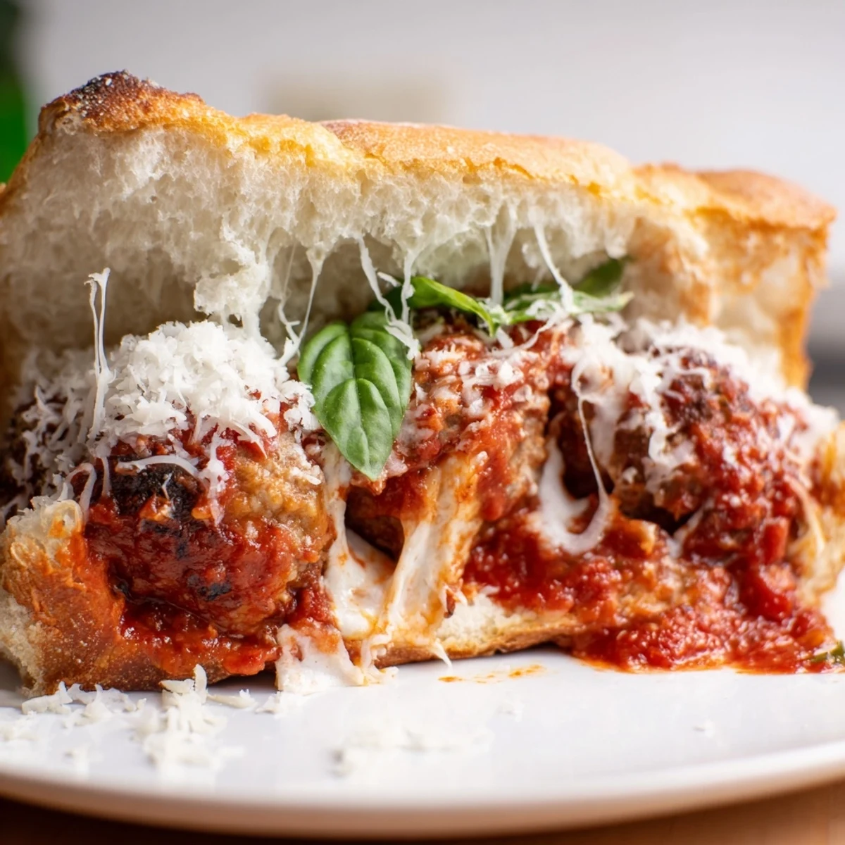 Turkey Meatball Subs with melted mozzarella and marinara sauce on toasted hoagie rolls.