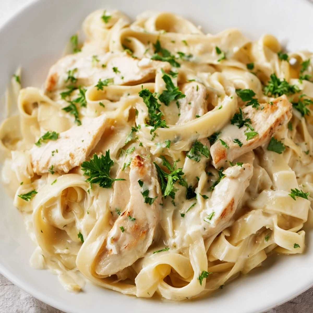 Creamy Chicken Alfredo with golden seared chicken strips and fettuccine coated in a rich Parmesan cream sauce.