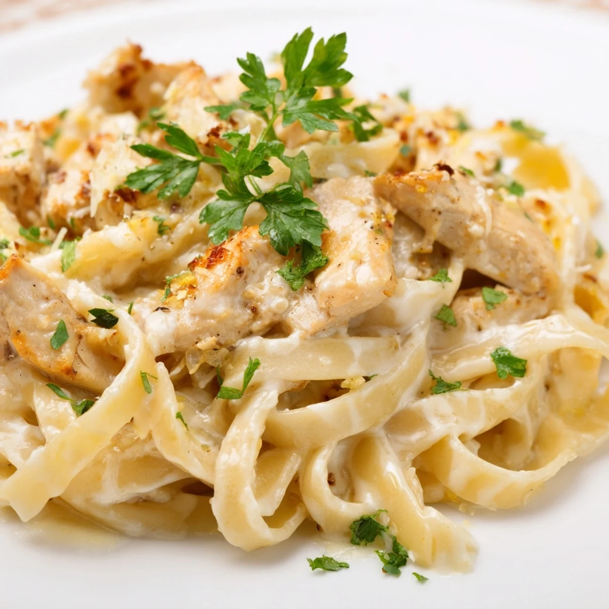 Tender chicken and silky fettuccine tossed in a velvety Creamy Chicken Alfredo, garnished with fresh parsley.