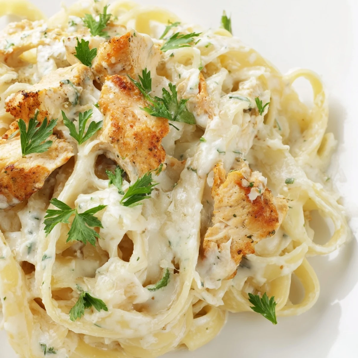 A comforting bowl of Creamy Chicken Alfredo topped with extra Parmesan, served warm with a glass of white wine.