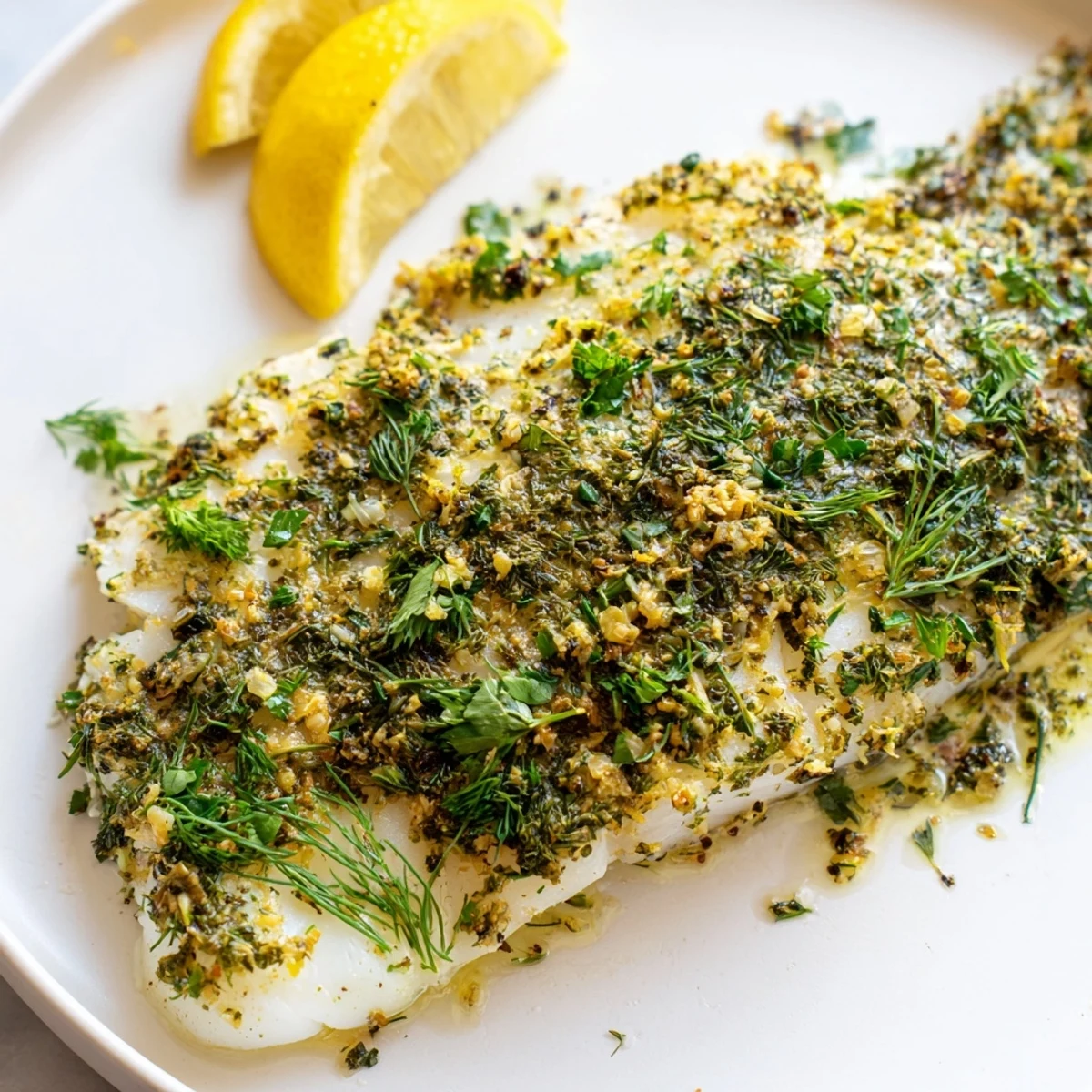 Golden Baked Halibut with Herbs, perfectly flaky and tender, served alongside roasted asparagus for a delicious dinner.