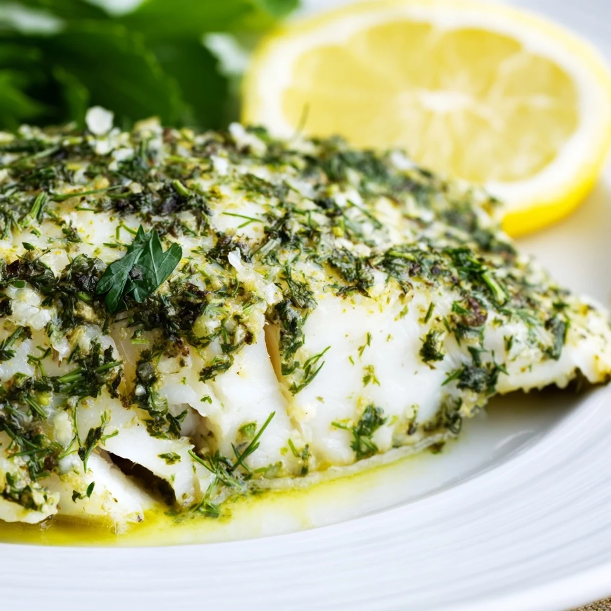 Moist Baked Halibut with Herbs, featuring a vibrant green herb coating and bright lemon slices, ready to serve.