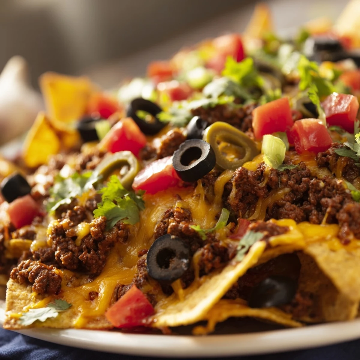 Melty cheddar and Monterey Jack cheese melt over a hot platter of crispy tortilla chips and seasoned ground beef, ready for game day.