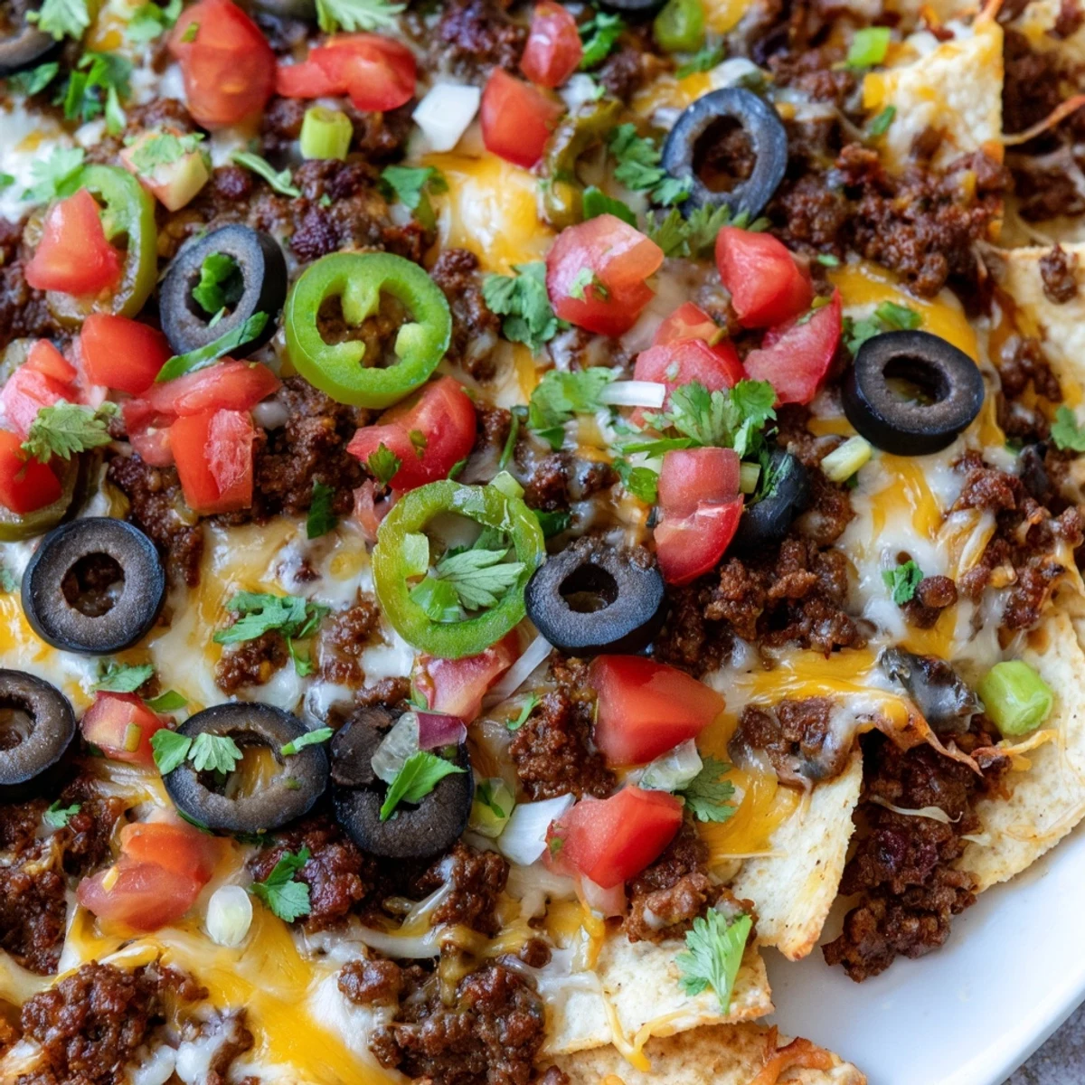 A close-up of a freshly baked Beef Nacho Platter topped with diced tomatoes, jalapeños, and fresh cilantro for a festive crunch.
