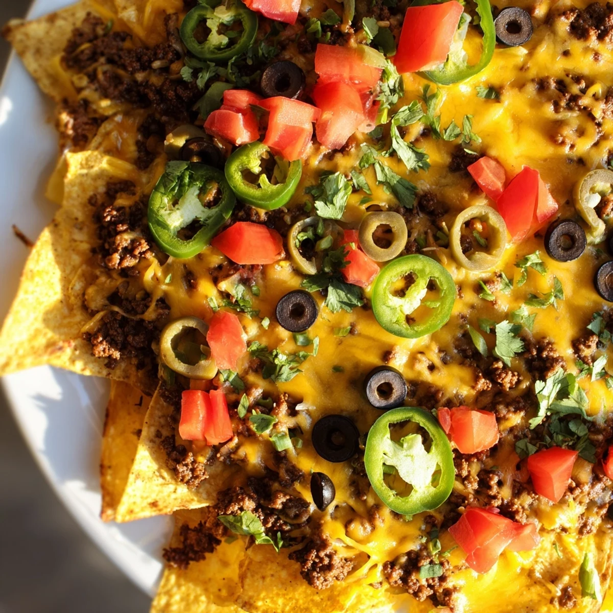 Hearty ground beef and warm melted cheese cover a bed of crispy tortilla chips on a party platter, served with salsa and guacamole.