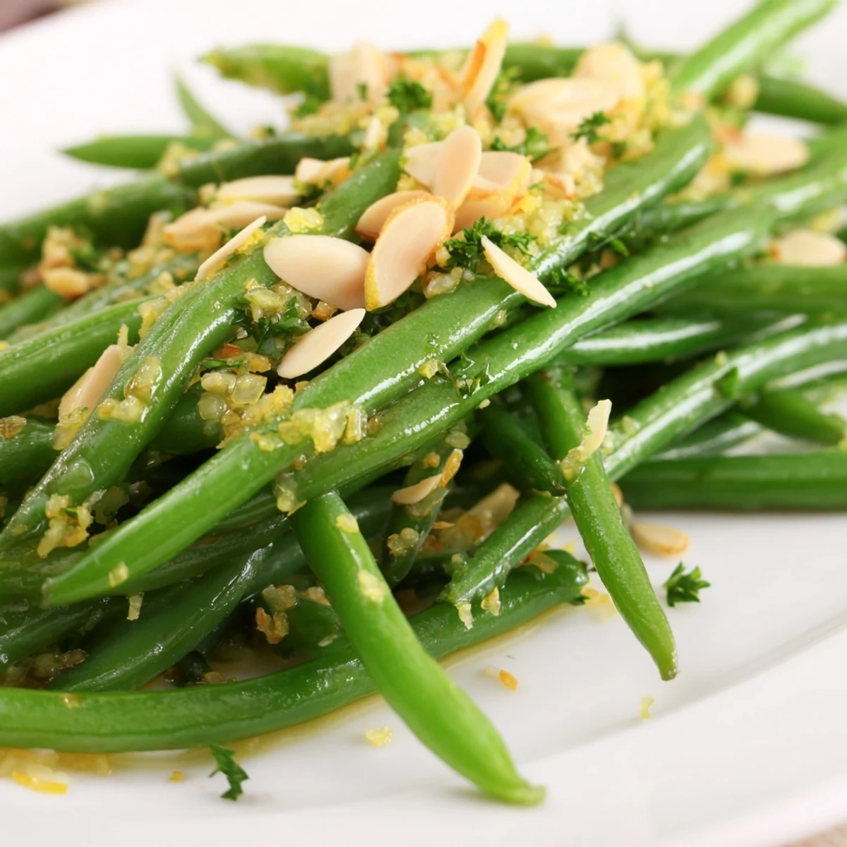 Steamed and chilled green beans tossed in a zesty lemon garlic dressing, served alongside grilled chicken for a refreshing meal.