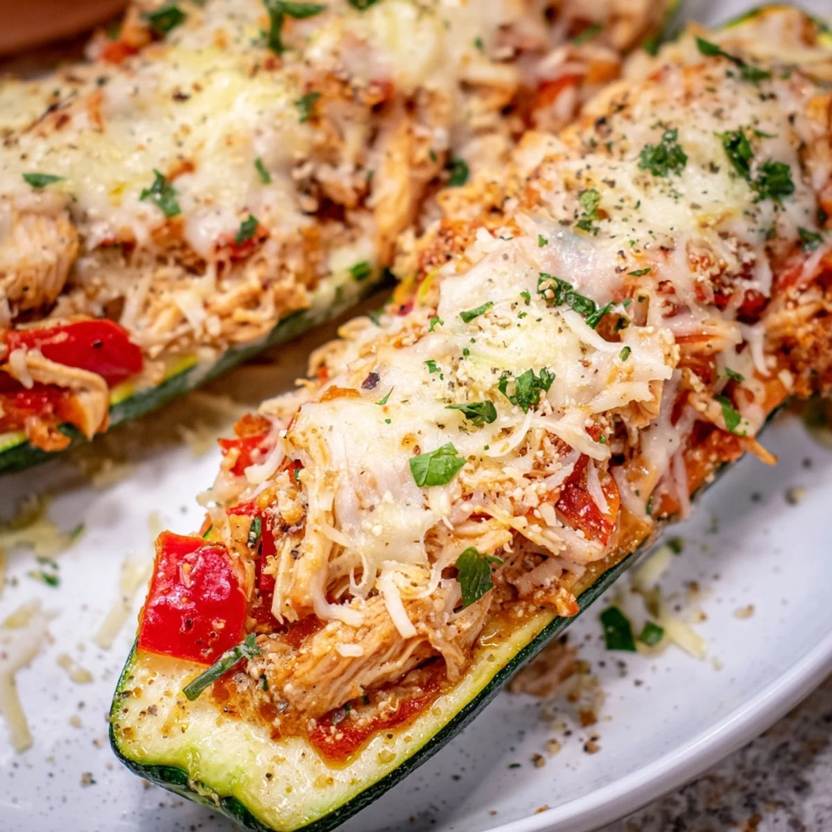 Savory Chicken Zucchini Boats topped with melted cheese and fresh herbs, perfect for a healthy low-carb dinner.