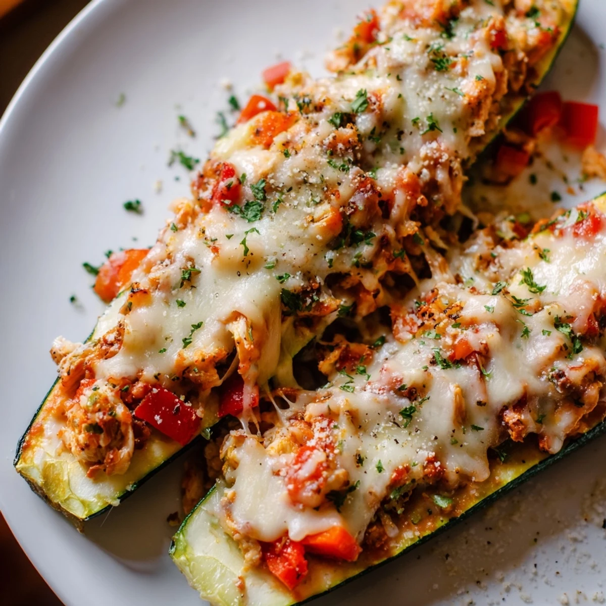 Freshly baked Chicken Zucchini Boats revealing a hearty chicken and vegetable filling, ready to be enjoyed warm.