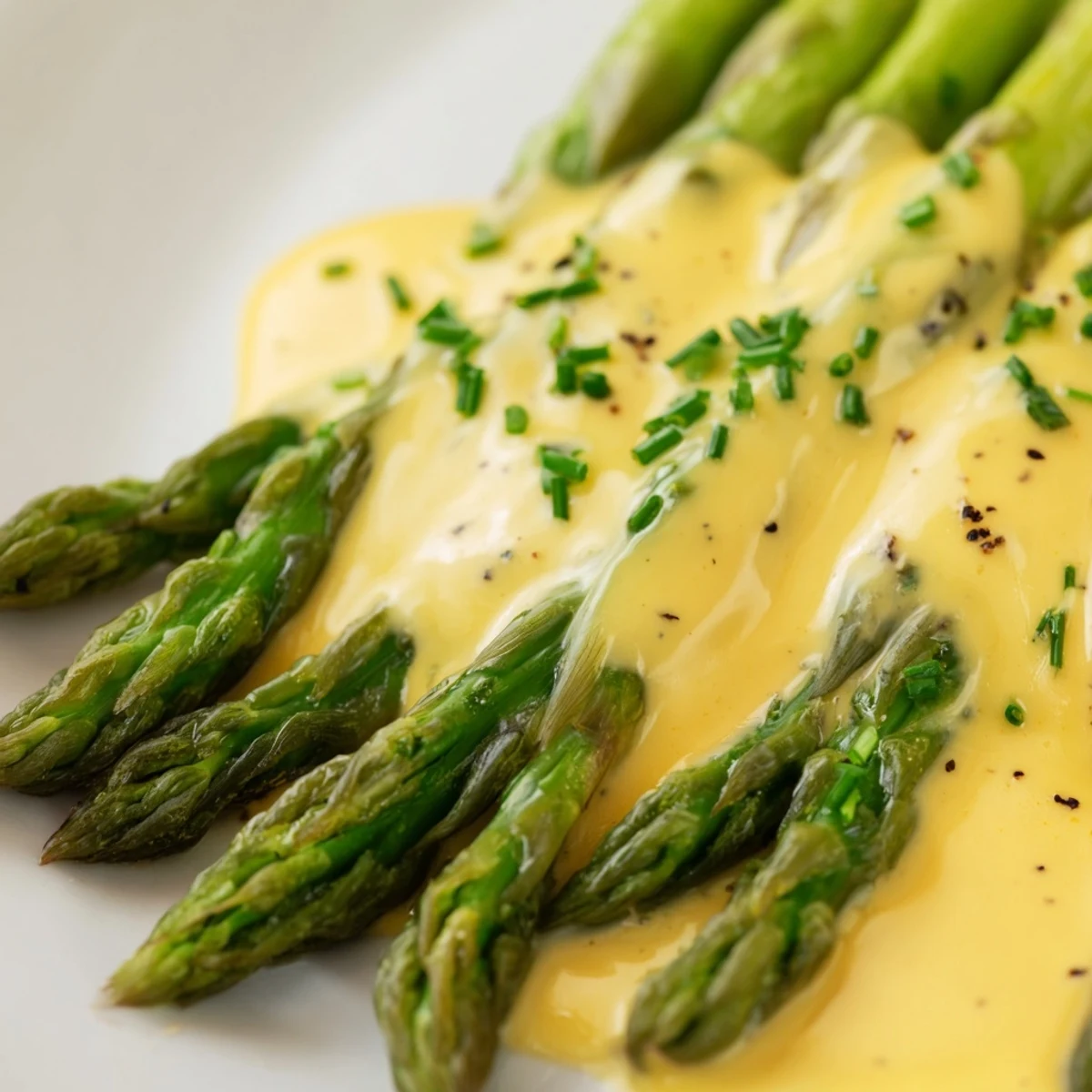 Tender roasted asparagus spears drizzled with creamy hollandaise sauce, paired with grilled salmon for a complete dinner.