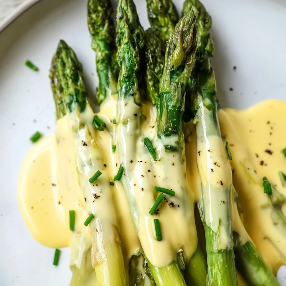 Golden-brown roasted asparagus with hollandaise sauce on a white plate, garnished with fresh chives and lemon wedges.