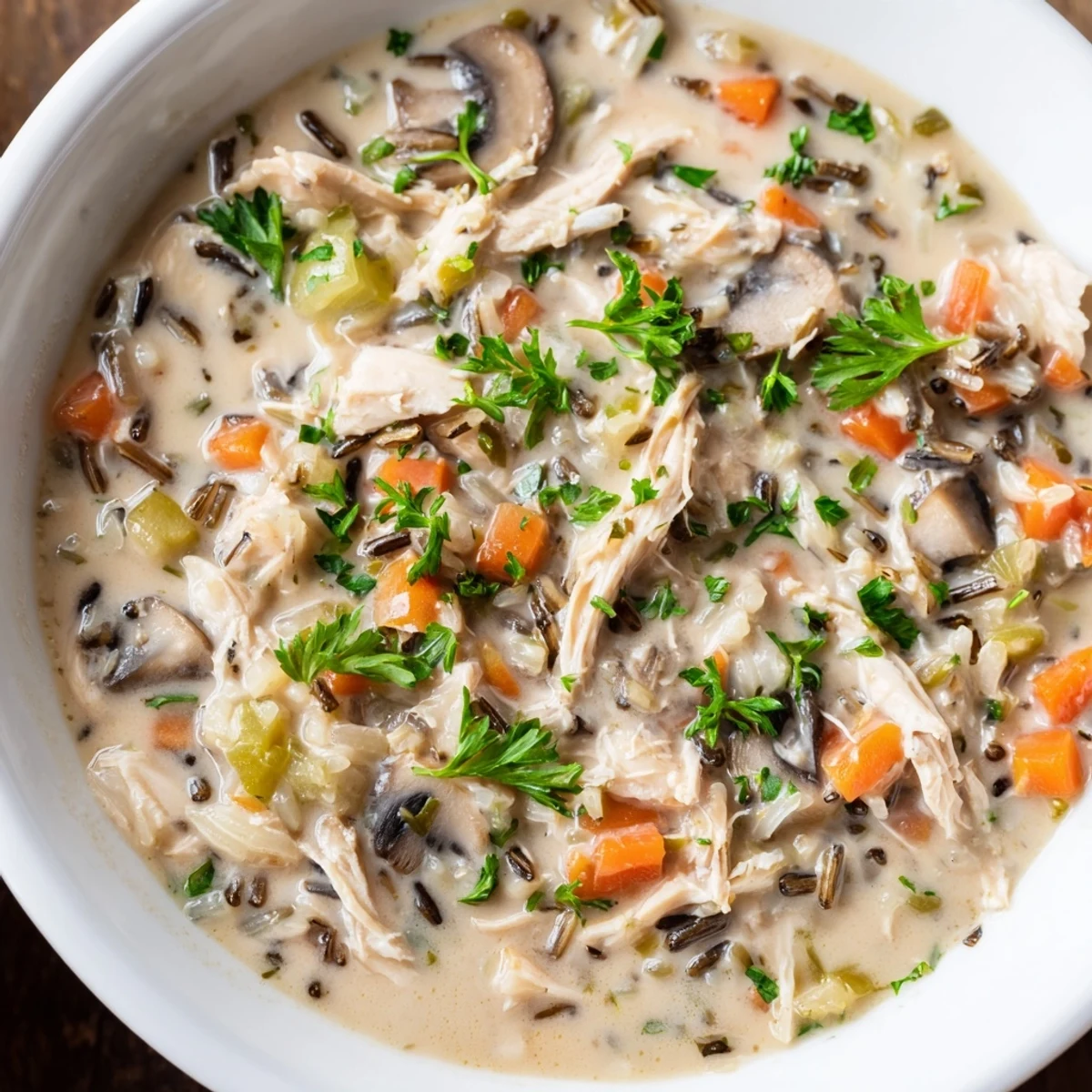 Creamy Chicken and Wild Rice Soup with Cream in a rustic bowl, topped with fresh parsley and a swirl of cream, steaming warmly.