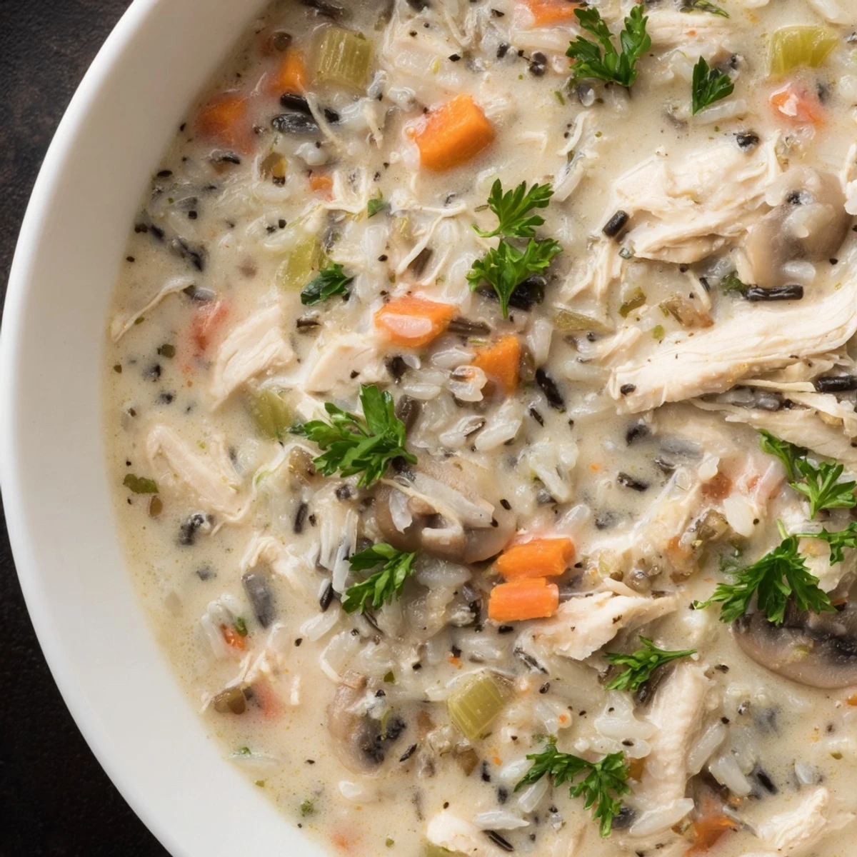 A ladle scooping hearty Creamy Chicken and Wild Rice Soup with Cream, revealing tender chicken, wild rice, and diced vegetables.