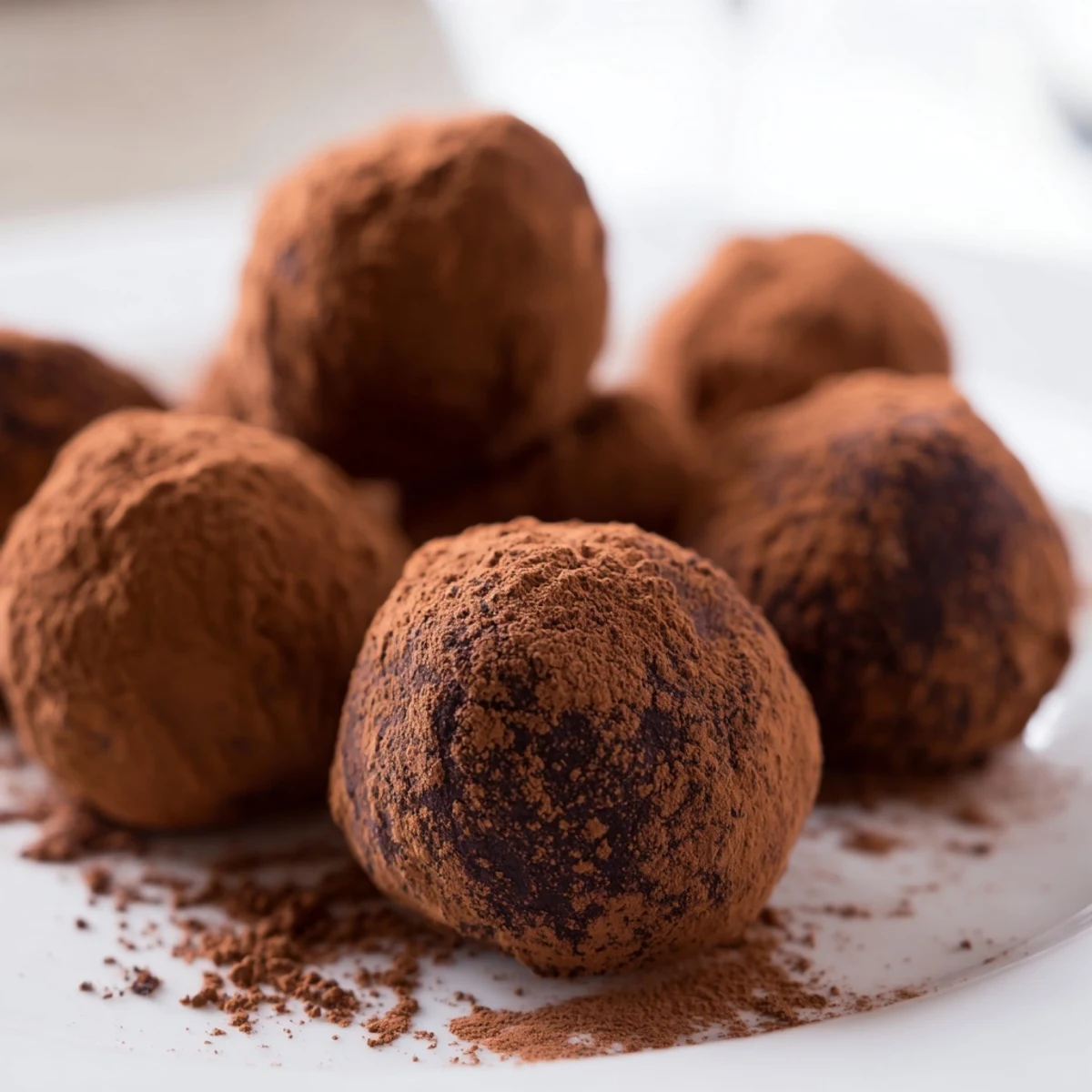 Delicate Dark Chocolate Truffles are rolled in unsweetened cocoa powder, showcasing a rich, bittersweet finish on a marble surface.
