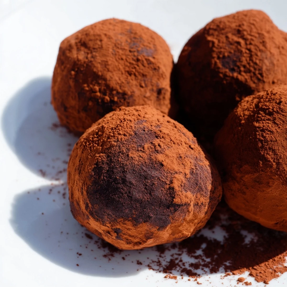 A close-up view of handmade Dark Chocolate Truffles with cocoa dusting, arranged neatly on parchment paper for an elegant dessert platter.