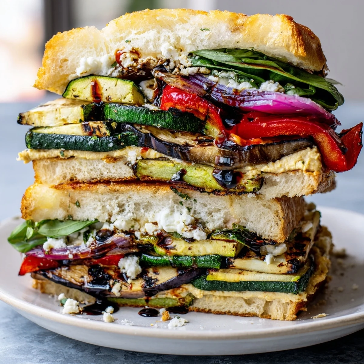 Grilled zucchini, bell pepper, and eggplant layered with spinach in a pressed Grilled Vegetable Panini.
