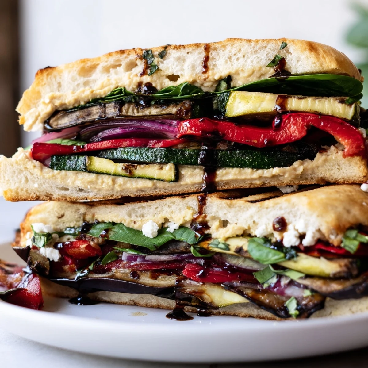 Smoky grilled vegetables and creamy hummus stacked inside a toasted ciabatta Grilled Vegetable Panini.