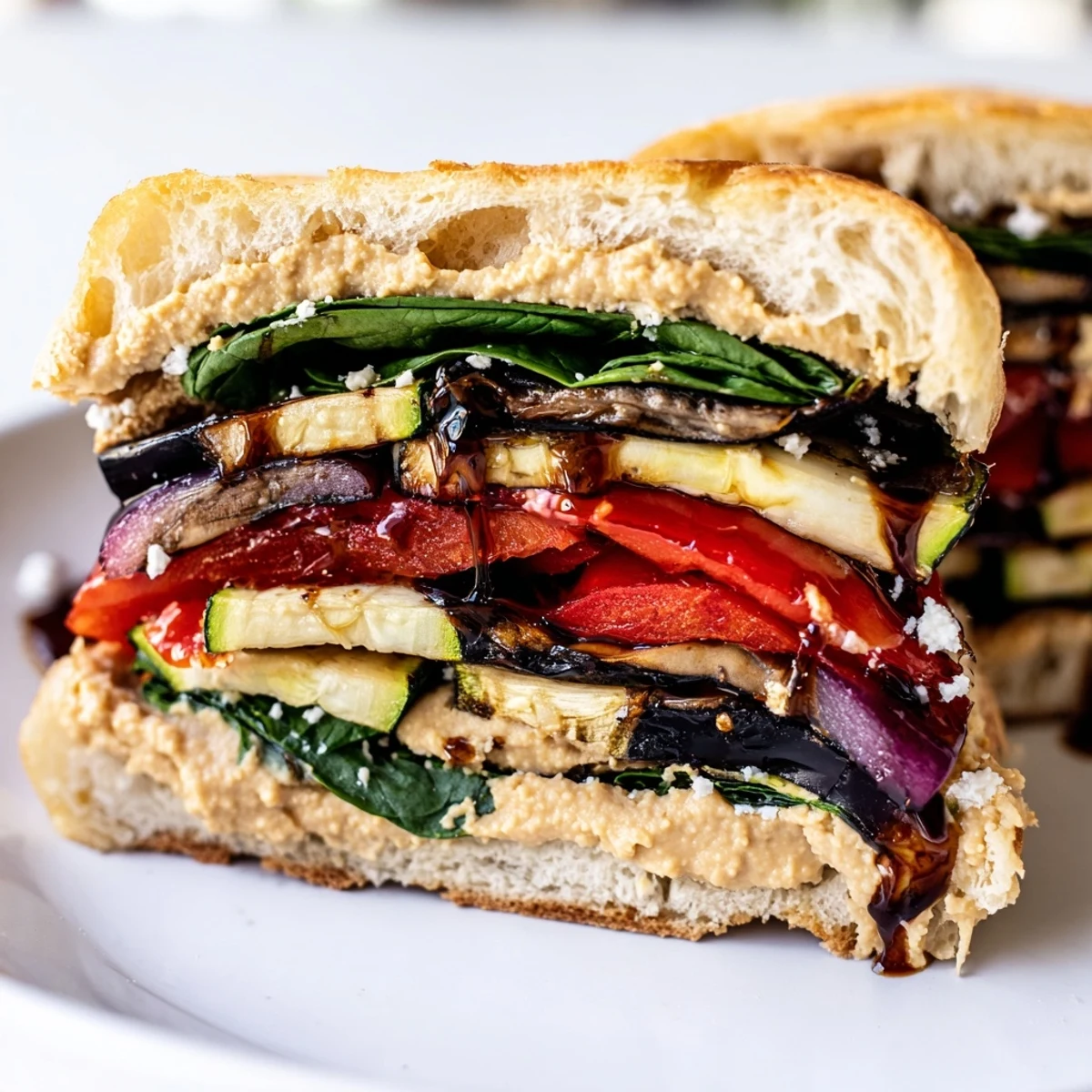 Fresh basil and hummus tucked into crusty ciabatta for a warm, satisfying Grilled Vegetable Panini.