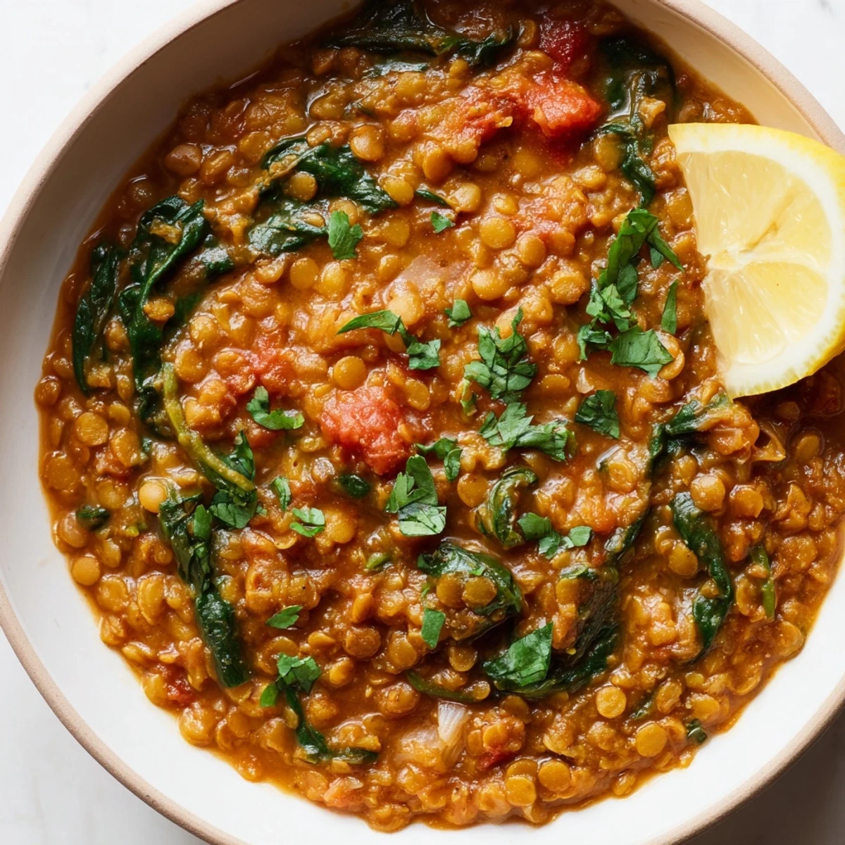 Steaming bowl of Savory Lentil and Spinach Dahl, a vibrant orange stew with wilted greens and fresh cilantro garnish.