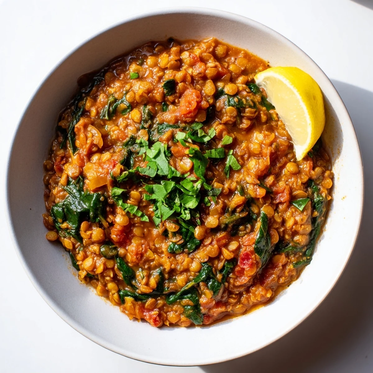 Savory Lentil and Spinach Dahl served alongside fluffy basmati rice and warm naan bread on a rustic table.