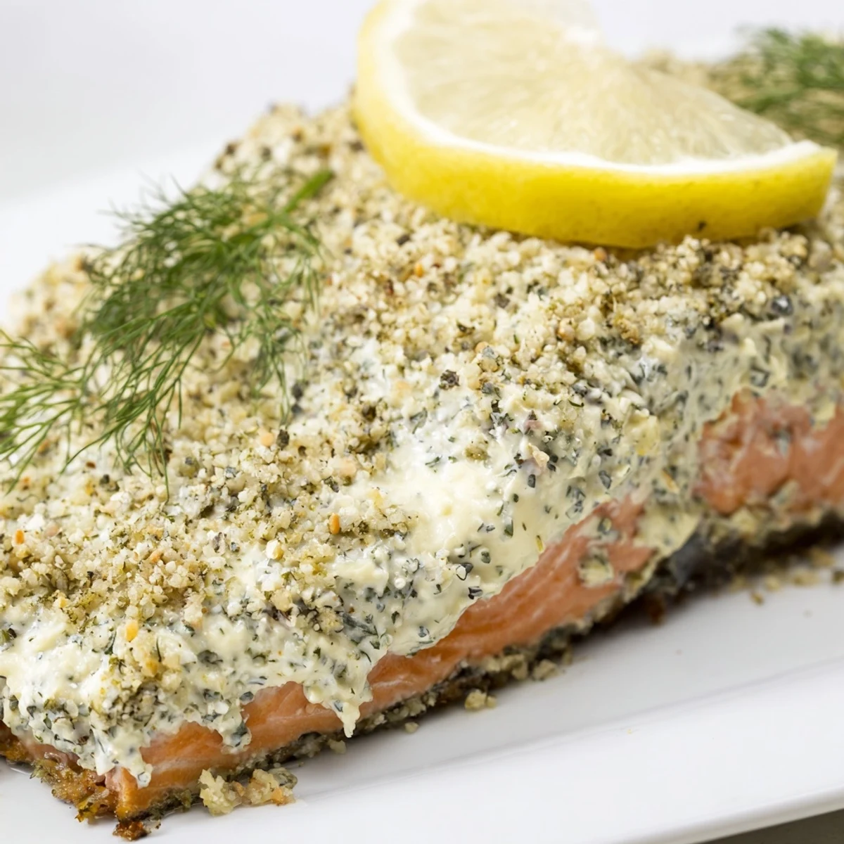 A close-up of the Baked Salmon with Dill and Mustard Sauce, featuring a golden glaze and fresh green dill sprigs on a white plate.