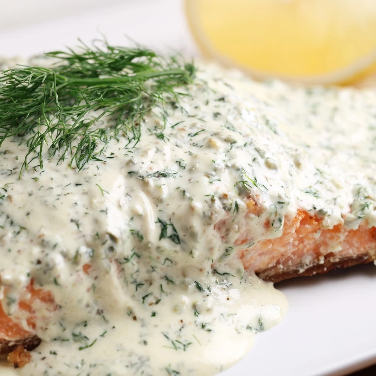 Tender oven-baked salmon fillets are generously topped with a creamy, pale yellow dill and mustard sauce, ready to serve.