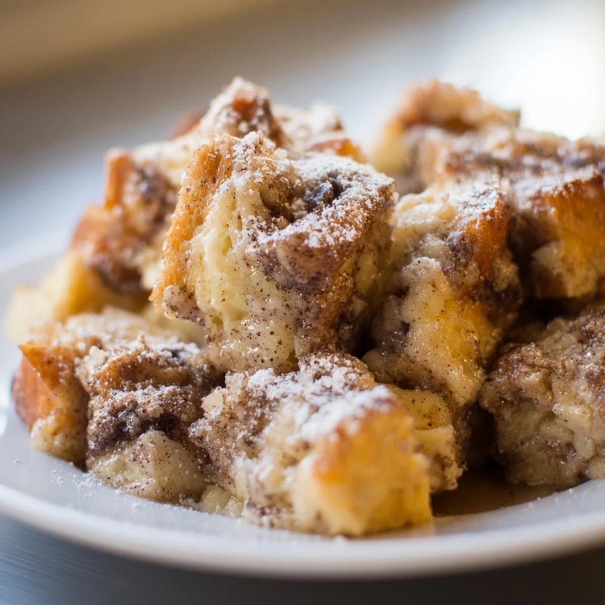 Freshly baked Cinnamon Roll Bread and Butter Pudding with a golden, crispy sugar topping and soft custard-soaked interiors. Perfect for a warm dessert.