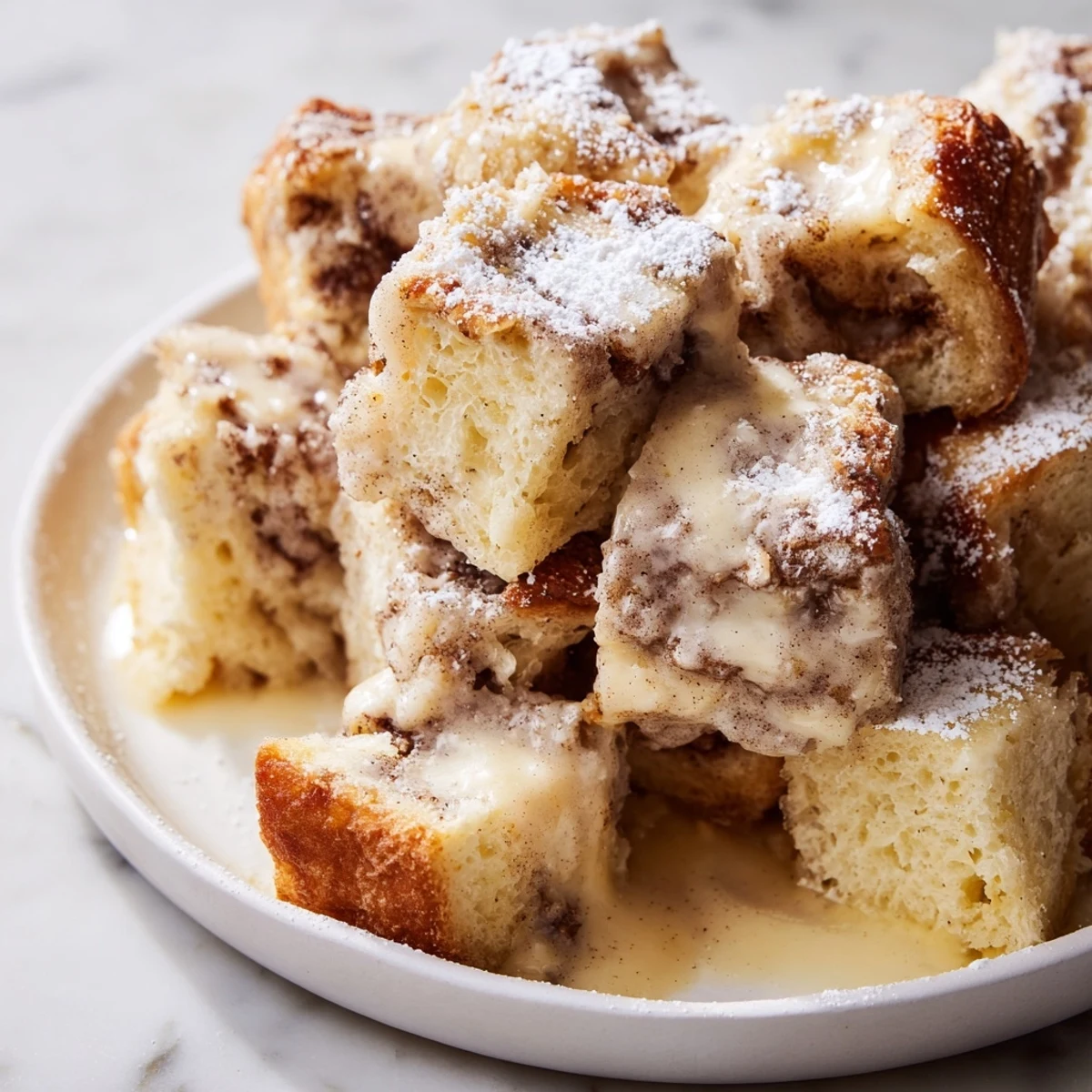 Individual serving of Cinnamon Roll Bread and Butter Pudding dusted with powdered sugar, paired with a scoop of vanilla ice cream.