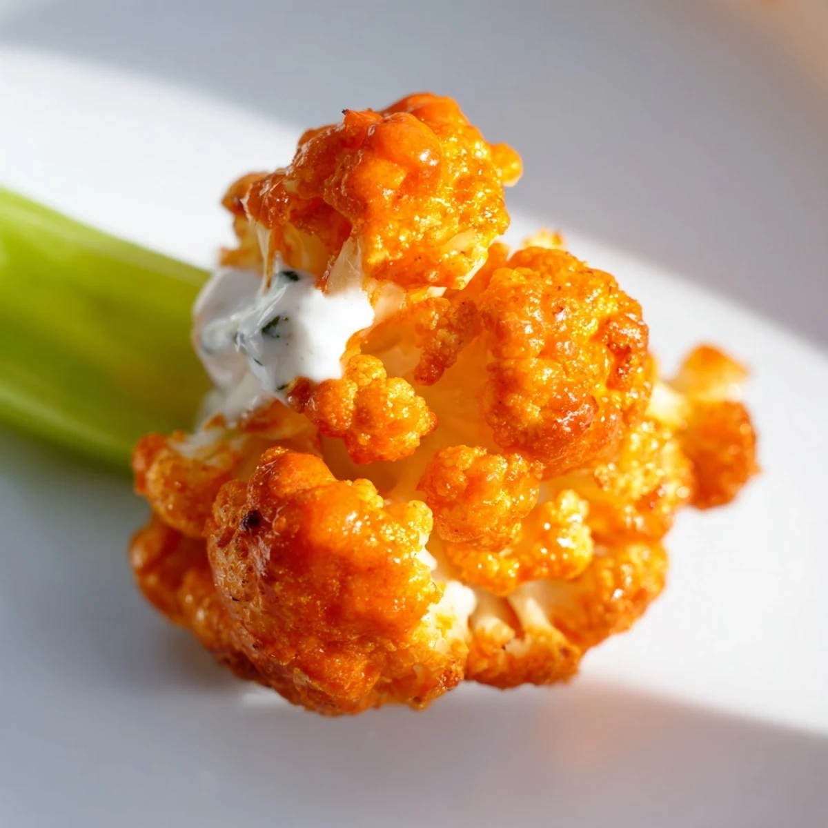 A platter of vegan-friendly Spicy Buffalo Cauliflower Wings tossed in tangy red sauce, perfect for game day snacking.
