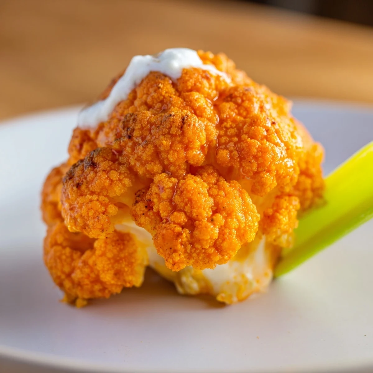 Golden-brown Spicy Buffalo Cauliflower Wings fresh from the oven, served with crisp celery sticks and a side of ranch dressing.