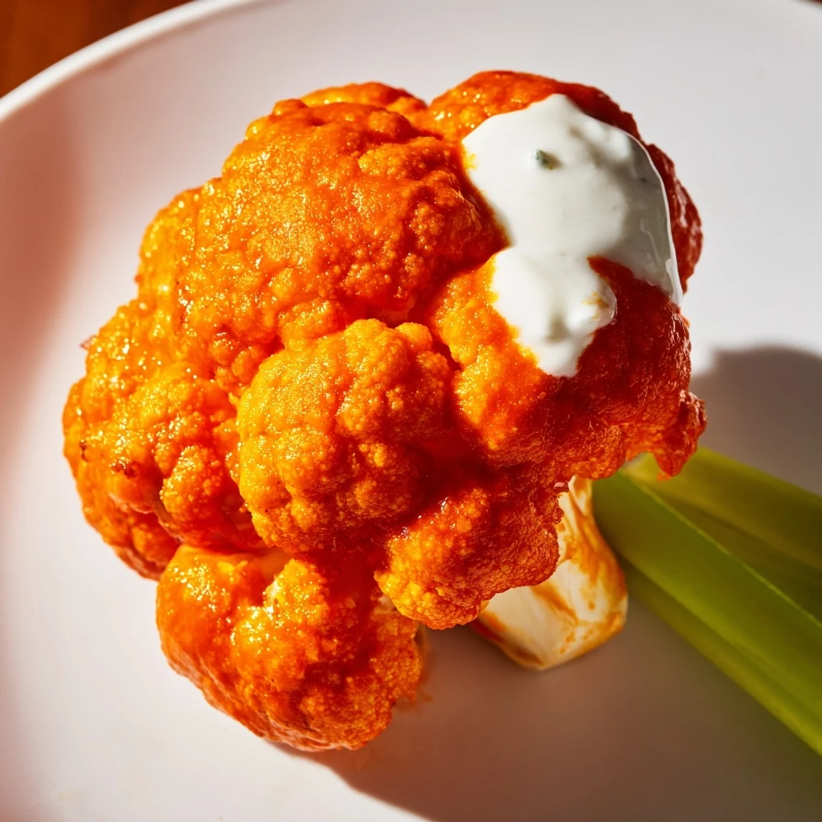 Close-up of crispy Spicy Buffalo Cauliflower Wings with a golden batter, highlighting the sticky, spicy glaze and blue cheese dip.