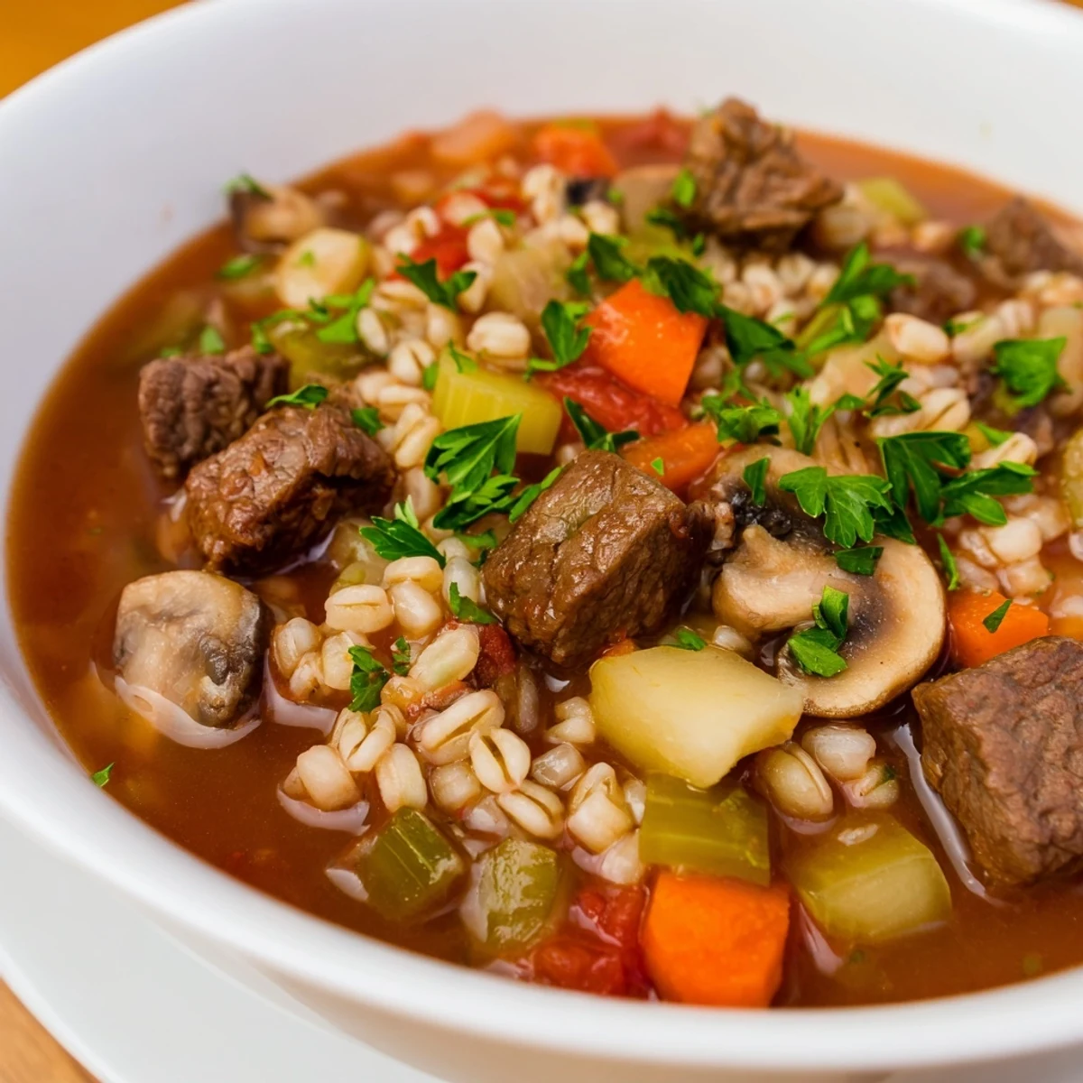 Homemade Beef and Pearl Barley Soup simmering in a rustic pot, garnished with fresh parsley and served with a side of crusty bread.