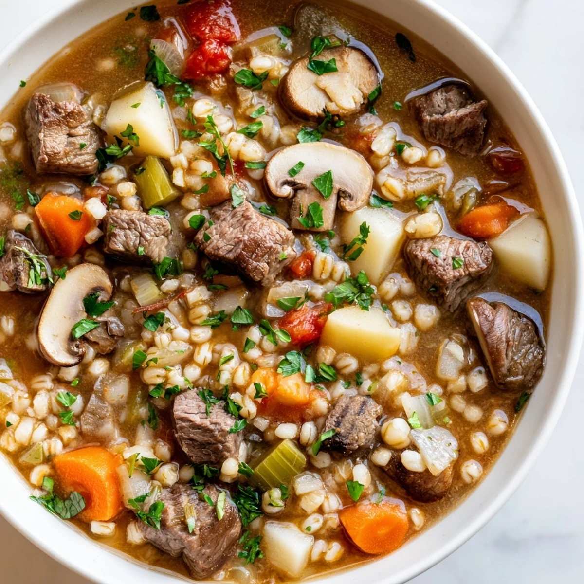 Close-up of a steaming bowl of Beef and Pearl Barley Soup, showcasing tender beef chunks and vegetables in a rich, savory broth.