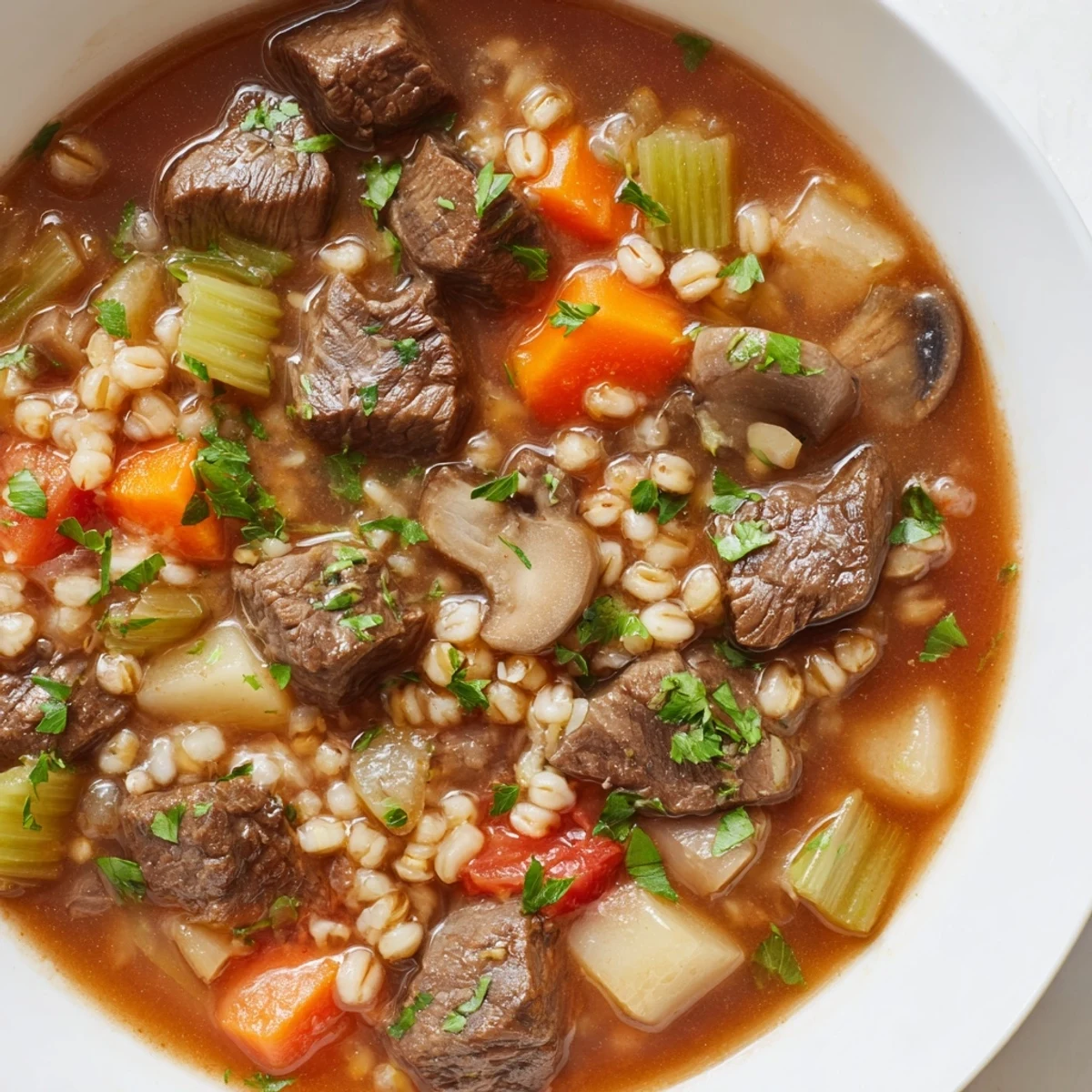 Family-style pot of hearty Beef and Pearl Barley Soup, featuring wholesome vegetables and pearl barley in a deep, rustic Dutch oven.