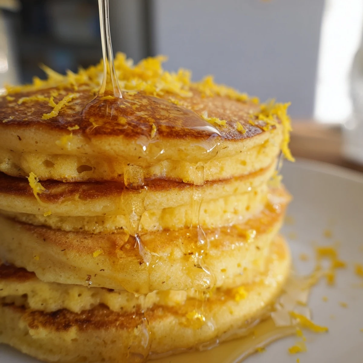 Golden-brown Lemon Ricotta Pancakes with Honey stacked high, showing fluffy texture and a sweet drizzle.
