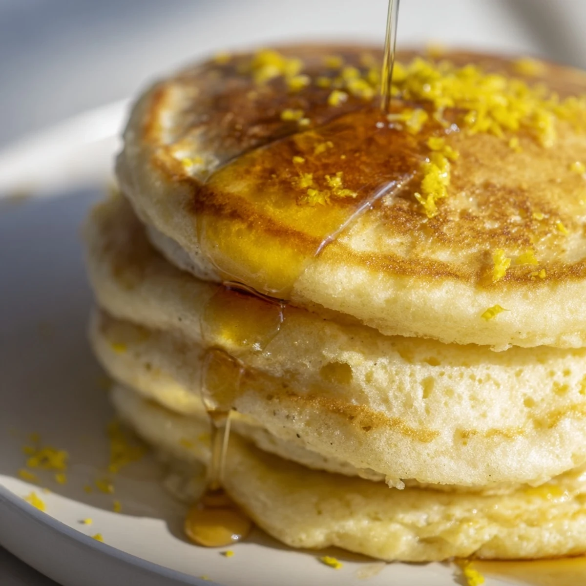 Fluffy, golden Lemon Ricotta Pancakes with Honey ready to serve, with syrup dripping down the stack.