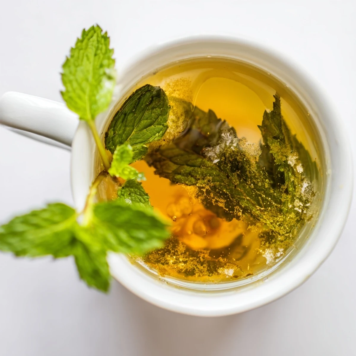 Fresh peppermint sprigs garnish the golden herbal tea, served in glass mugs.