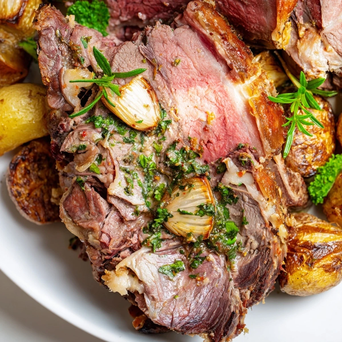 Perfectly roasted leg of lamb with garlic and herbs, sliced to reveal a juicy pink center, served with mint sauce on a platter.