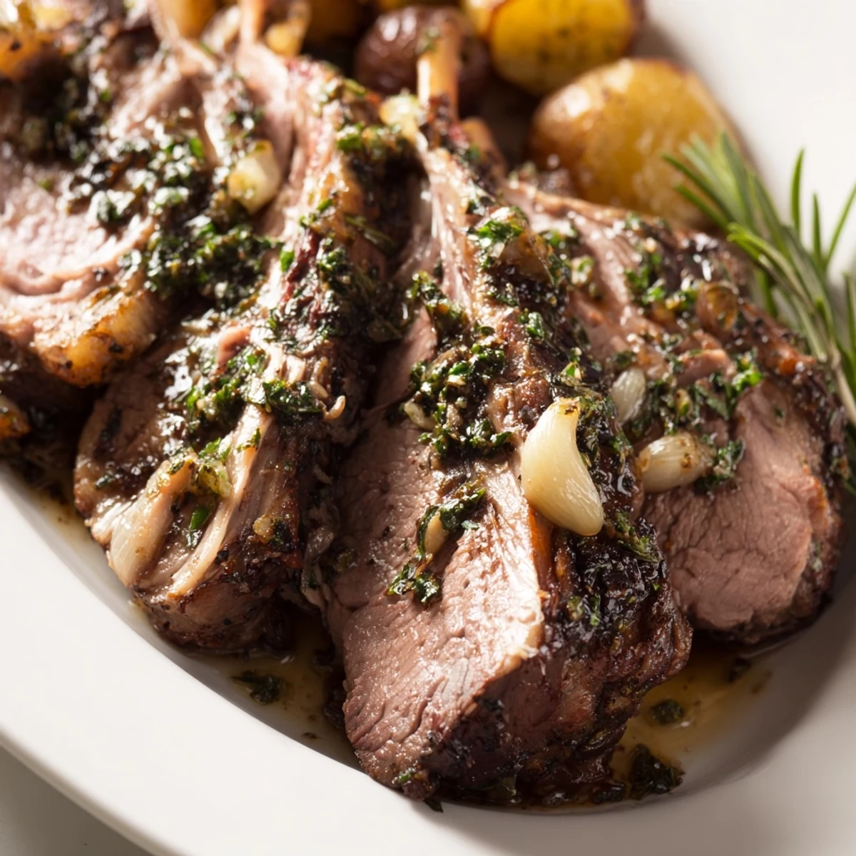 Slices of tender Roasted Lamb with Mint Sauce plated alongside roasted potatoes and green beans, ready for a Sunday family feast.