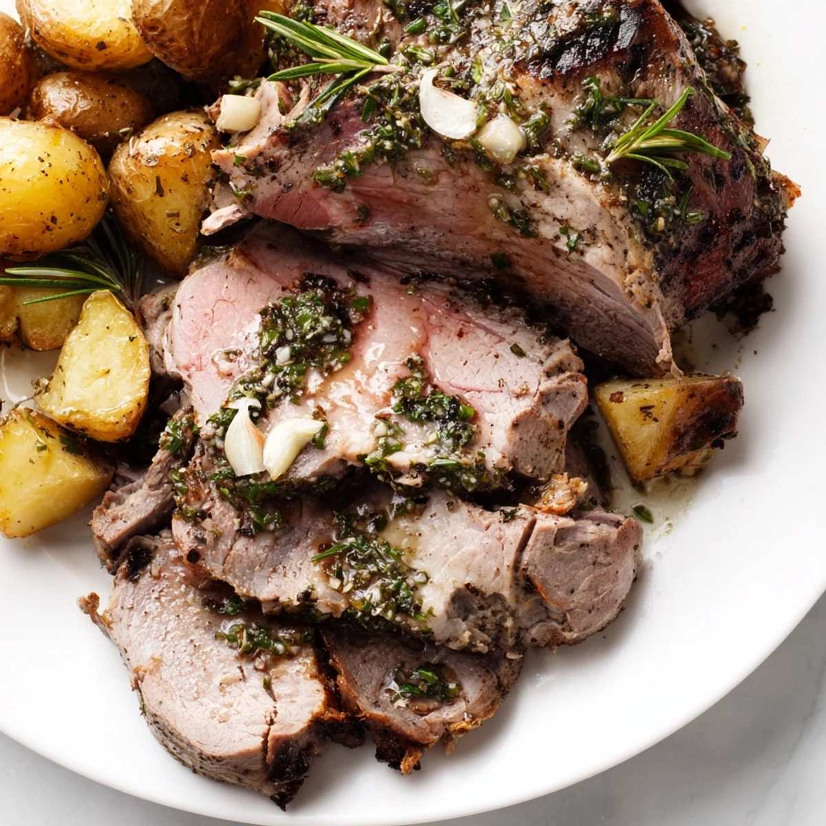 Roasted Lamb with Mint Sauce resting after cooking, garnished with fresh rosemary and drizzled with vibrant green mint dressing.