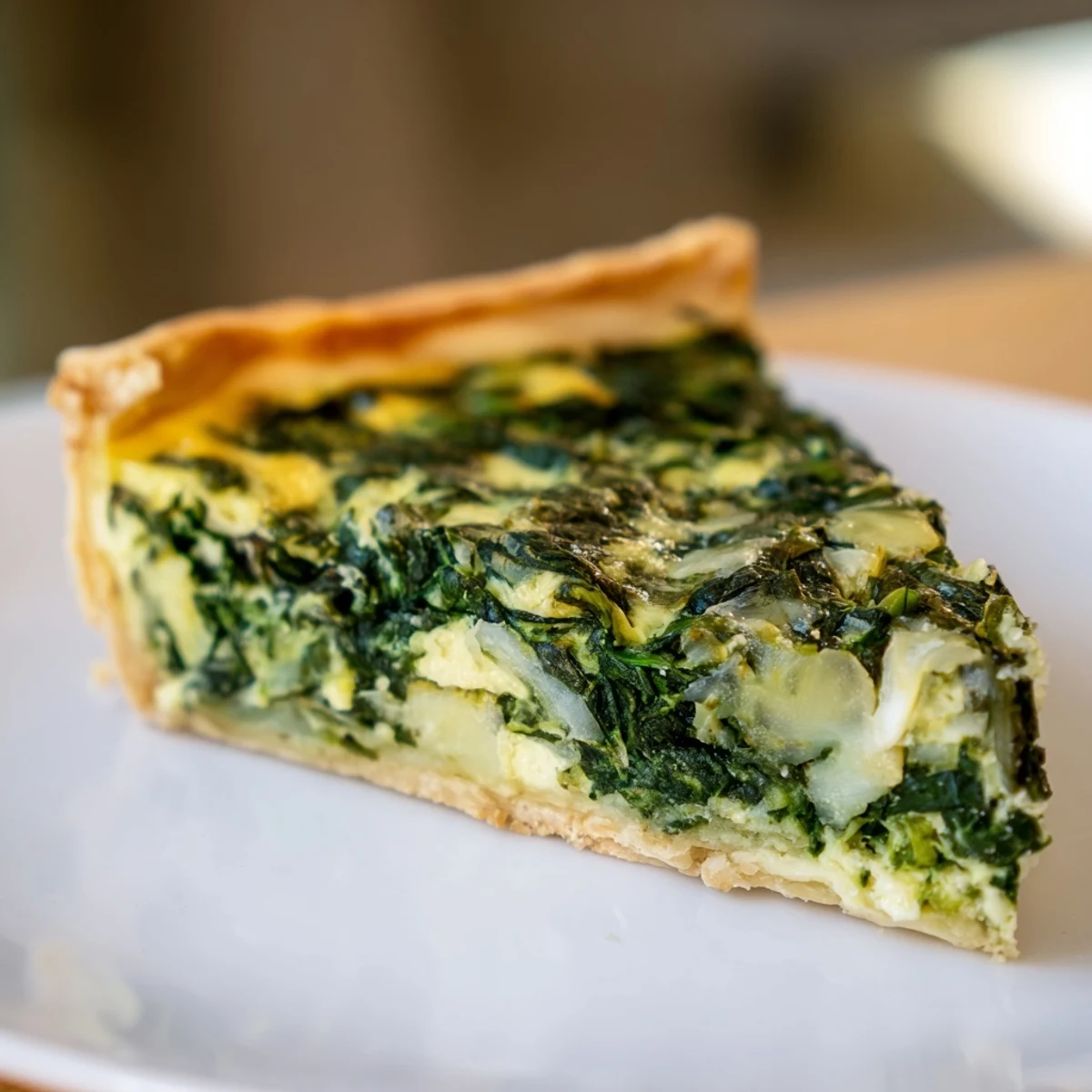 Golden Savory Quiche with Spinach slices from a flaky crust, revealing creamy egg custard and melted cheese.