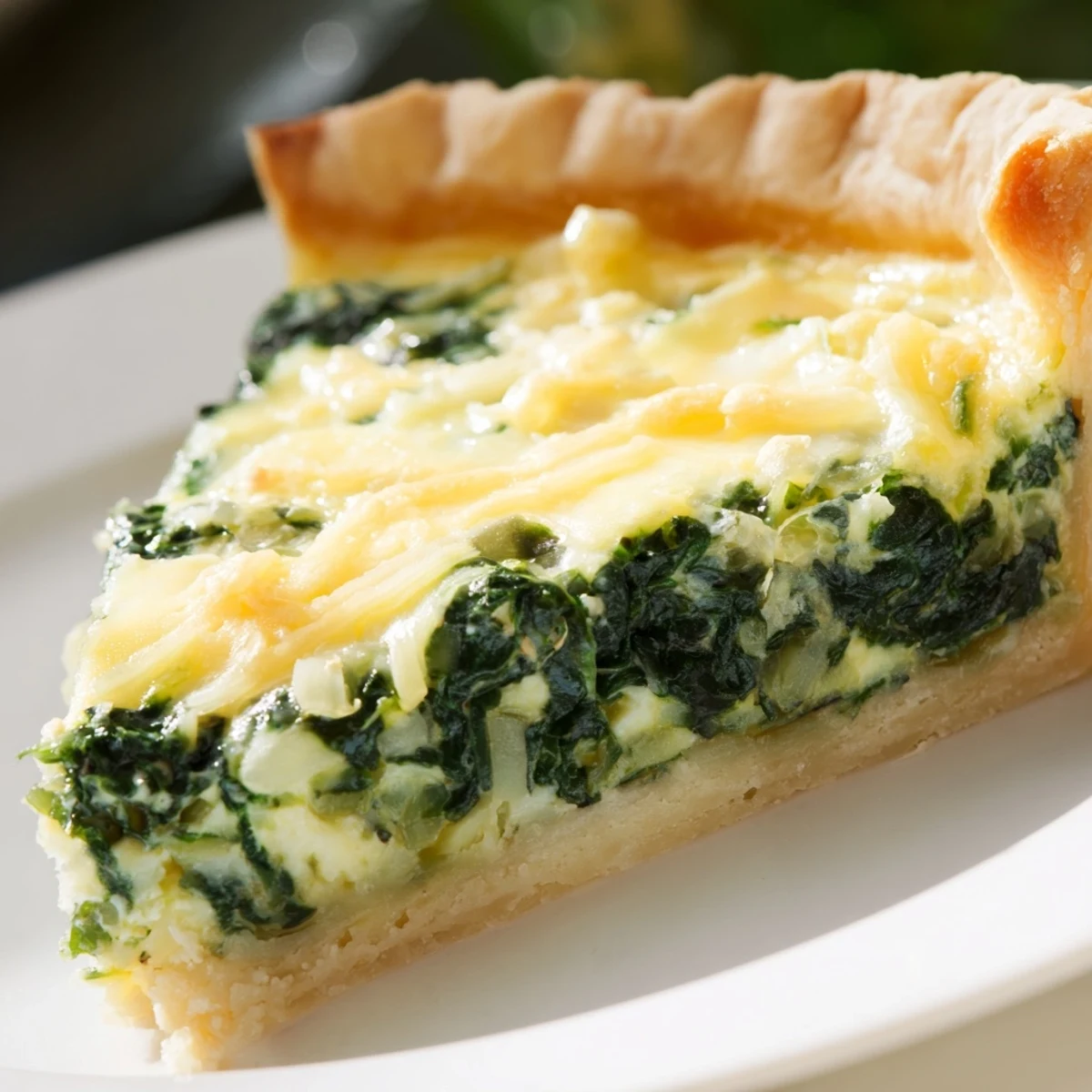 Warm Savory Quiche with Spinach is plated beside a crisp salad for a complete lunch.