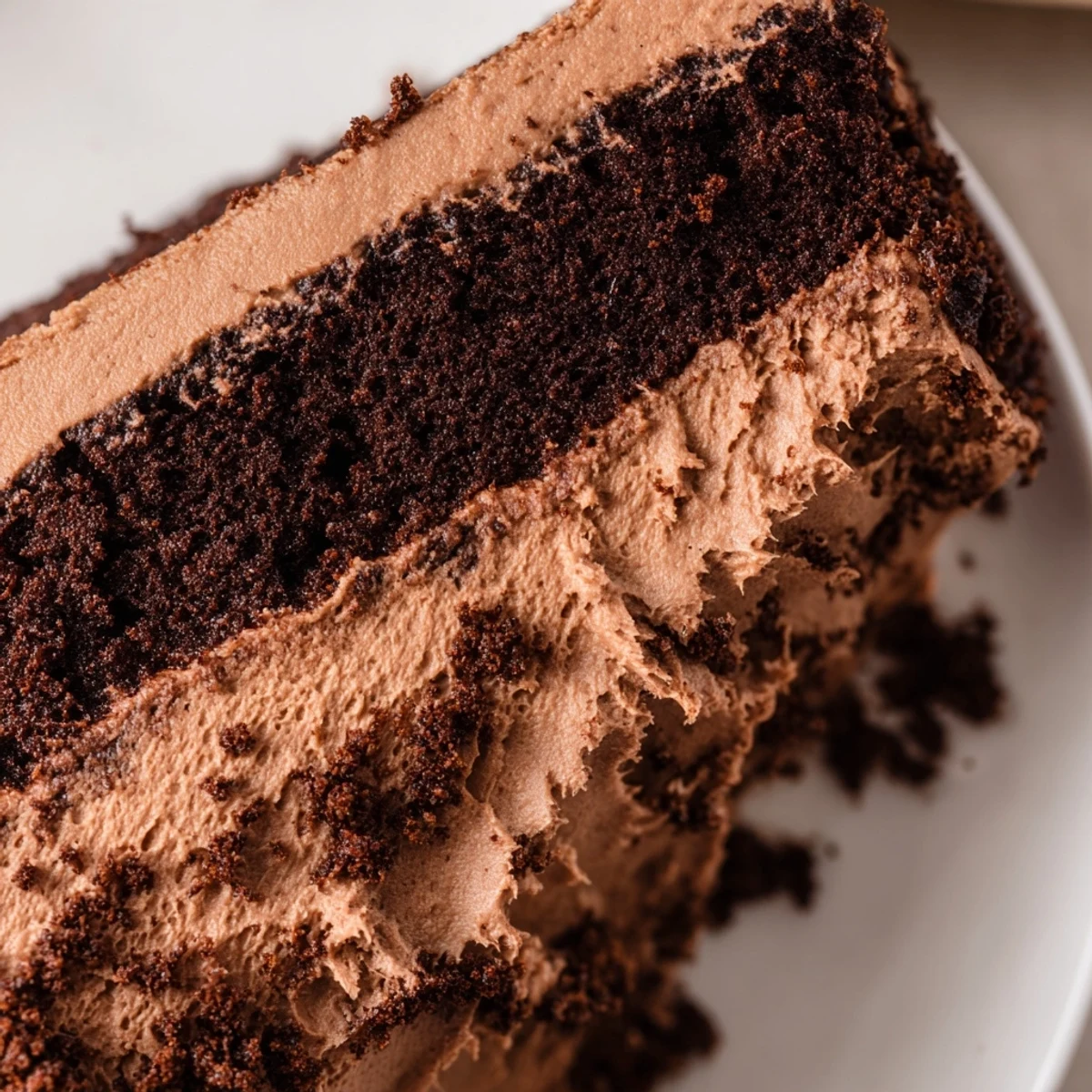 Freshly baked Chocolate Cake with Frosting, showcasing moist, dark layers and a rich, creamy chocolate coating on a serving plate.