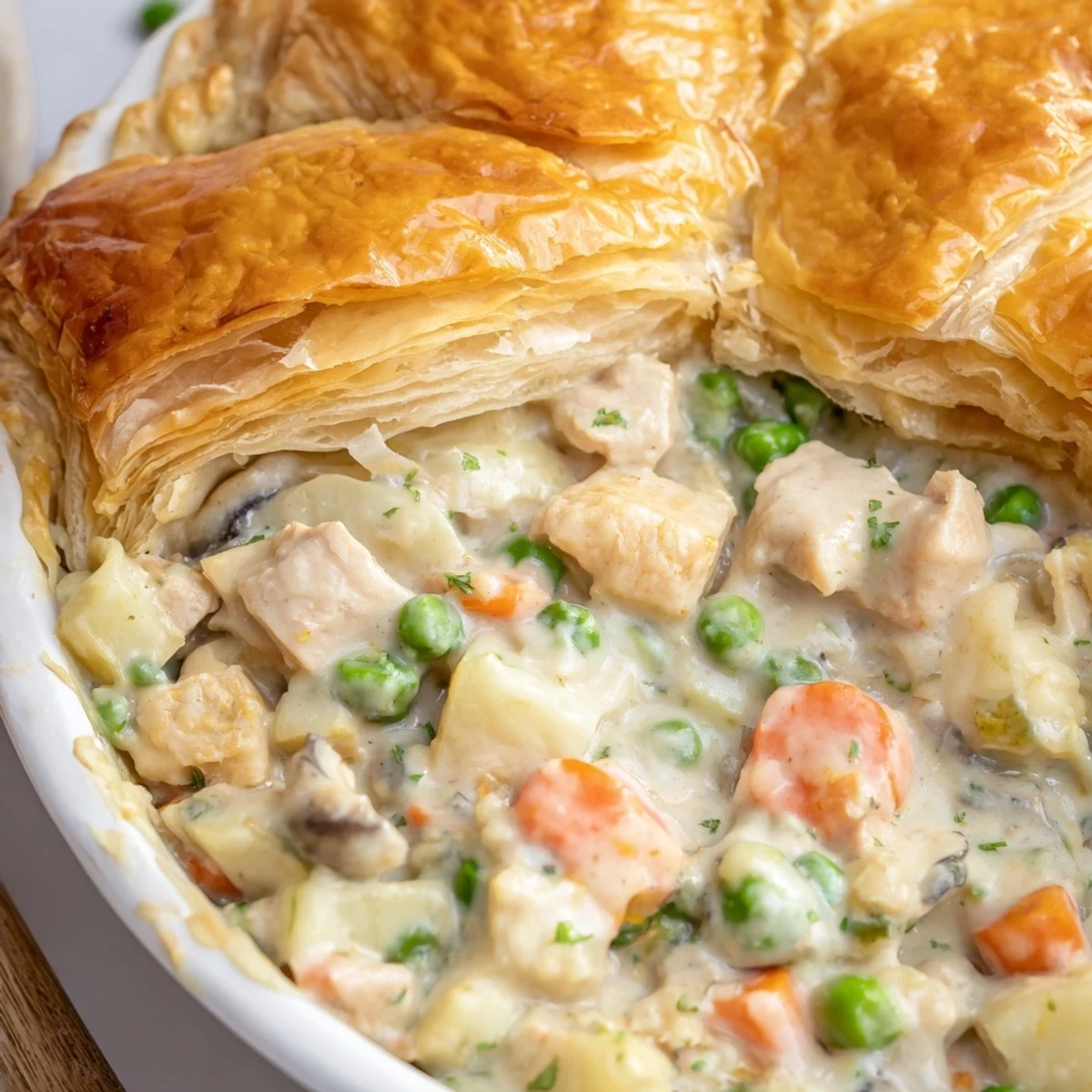 Turkey Pot Pie with Puff Pastry Crust sits bubbling in a white dish, steam rising from the creamy filling.