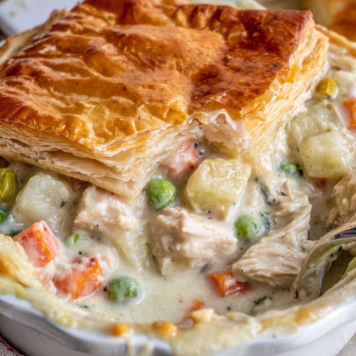 A slice of Turkey Pot Pie with Puff Pastry Crust reveals turkey and peas in gravy under flaky golden layers.