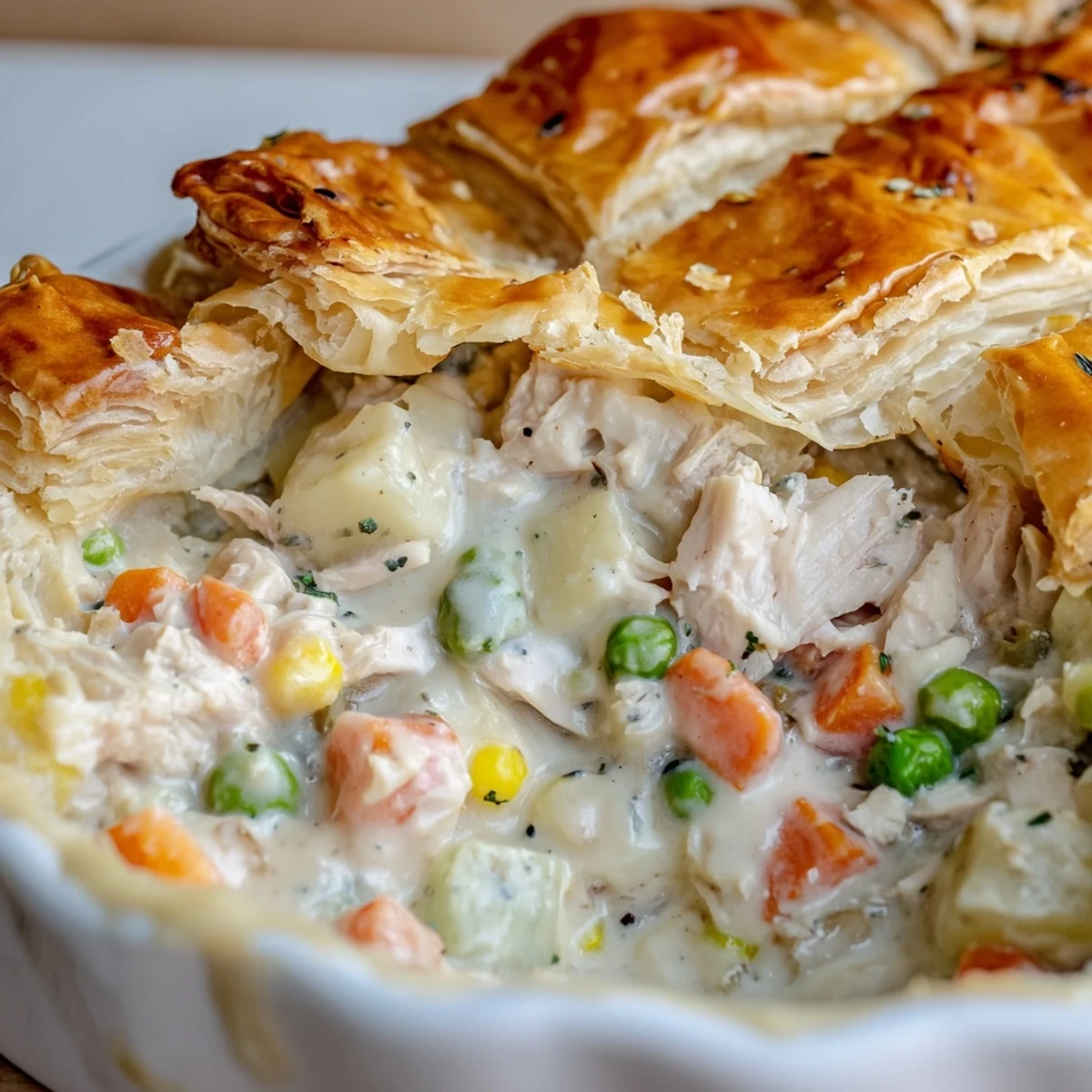 Turkey Pot Pie with Puff Pastry Crust rests on a rustic table beside a fresh salad for a cozy dinner.