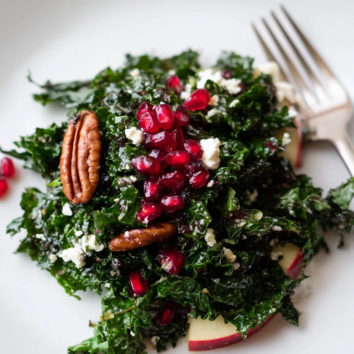 Freshly massaged kale, ruby pomegranate seeds, and toasted pecans in a Winter Kale Salad with Pomegranate and Pecans tossed with bright citrus dressing.