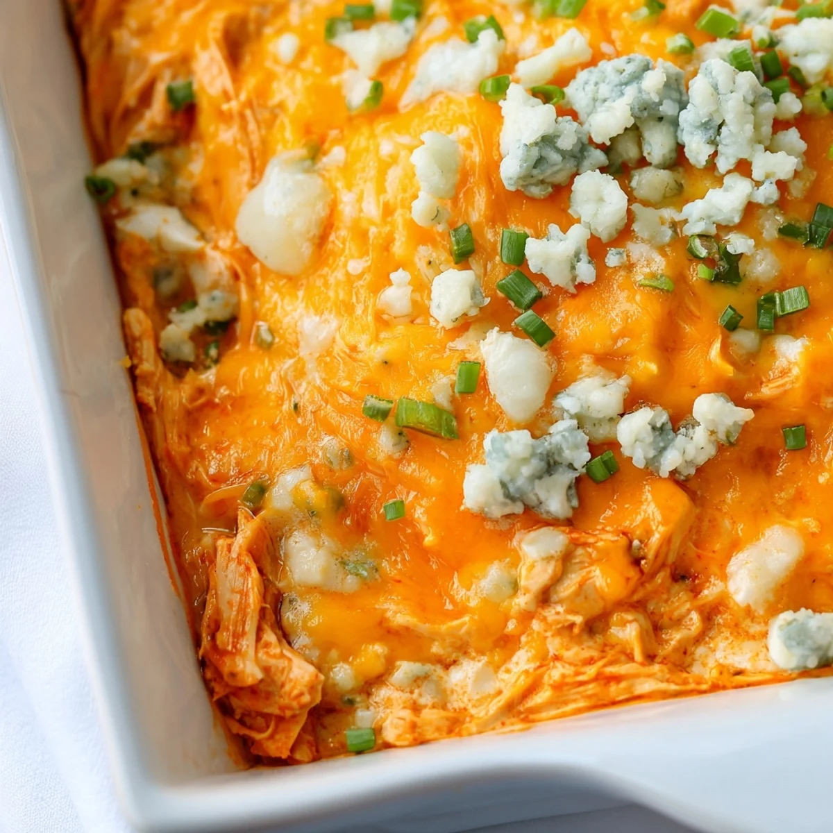 Warm and bubbly Spicy Buffalo Chicken Dip in a baking dish with crisp celery sticks for dipping.