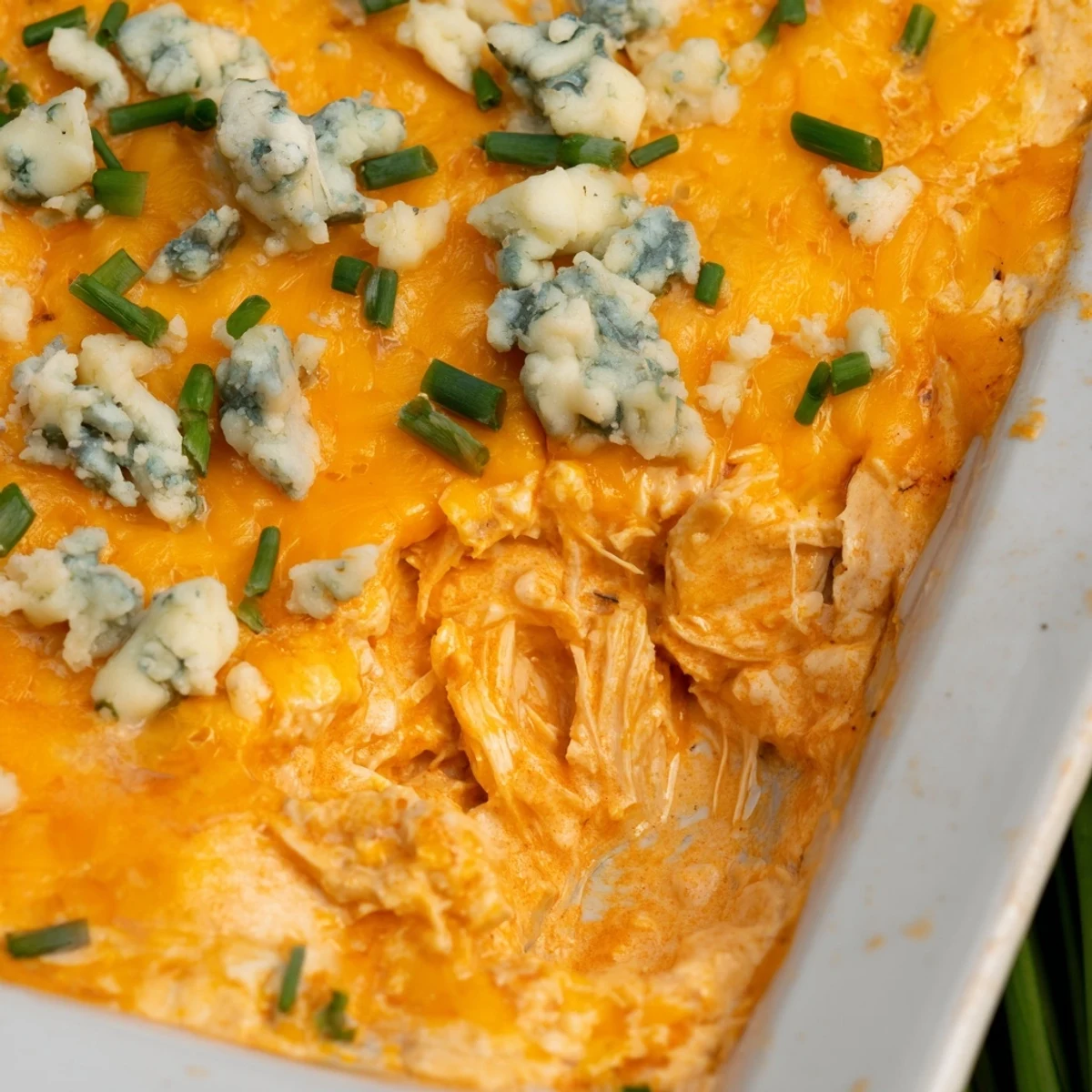 Golden baked Spicy Buffalo Chicken Dip garnished with chives, served with celery sticks on a platter.