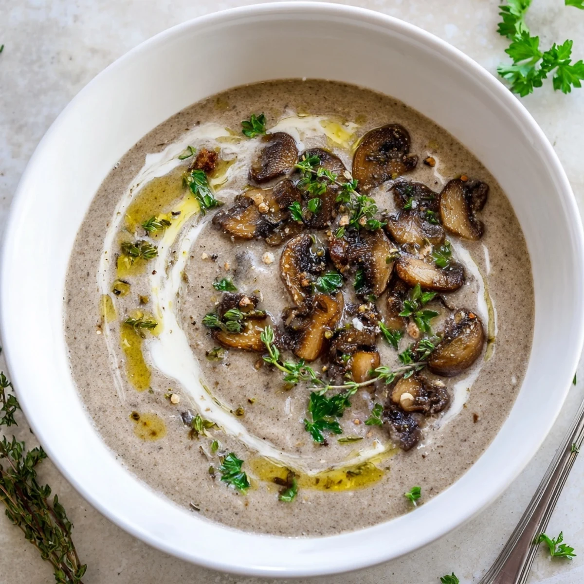 A rich bowl of Creamy Mushroom Soup with Thyme paired with crusty bread on a wooden table.
